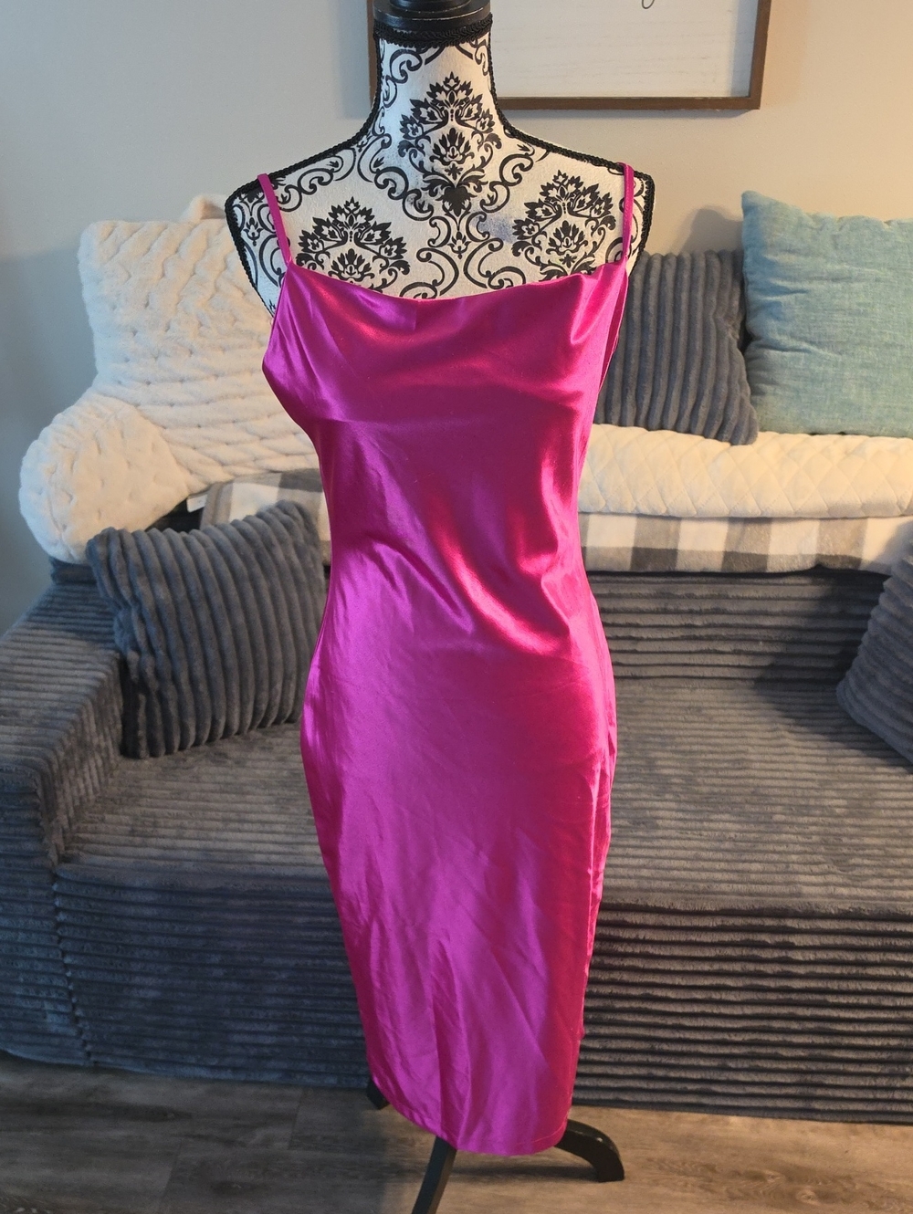 Satin Slip Midi Dress in Hot Pink